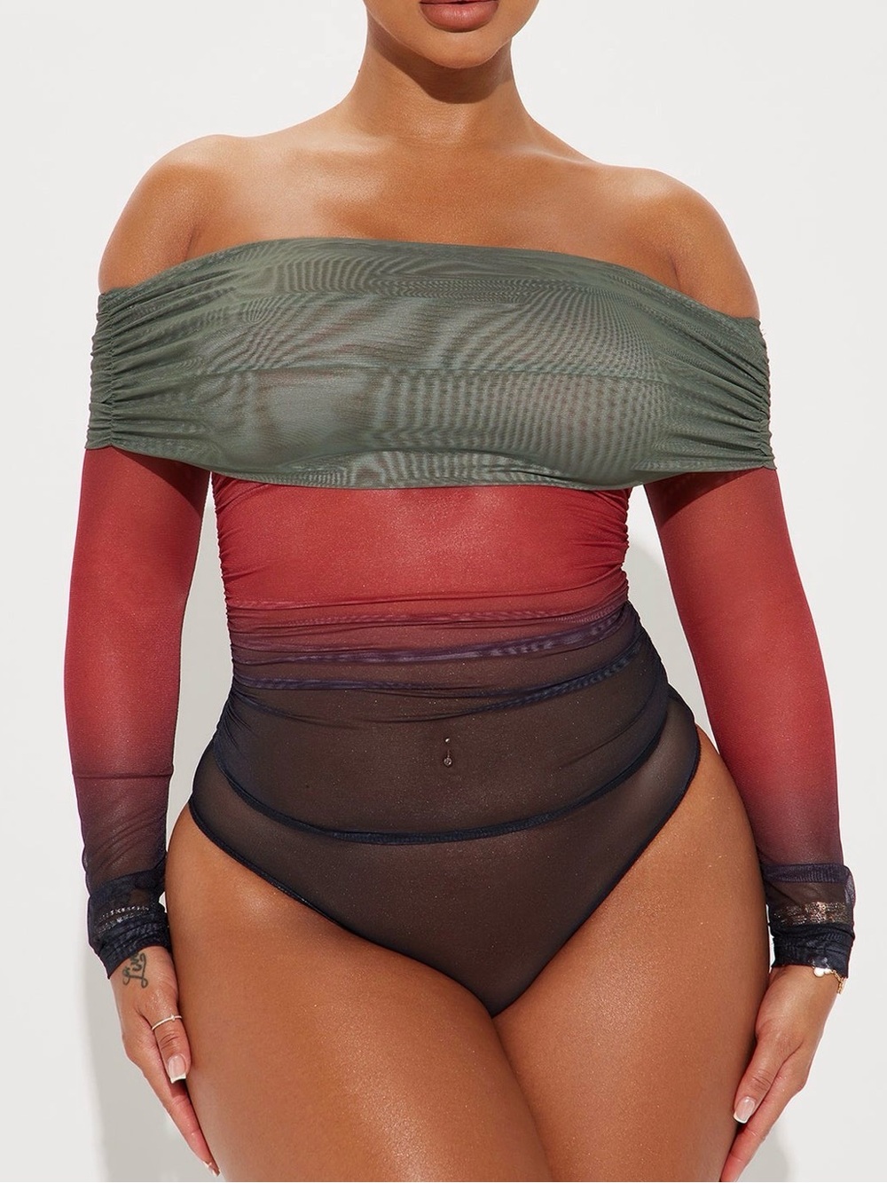 Fashion Nova Off-Shoulder Colorblock Mesh Bodysuit in Olive, Rust and Black